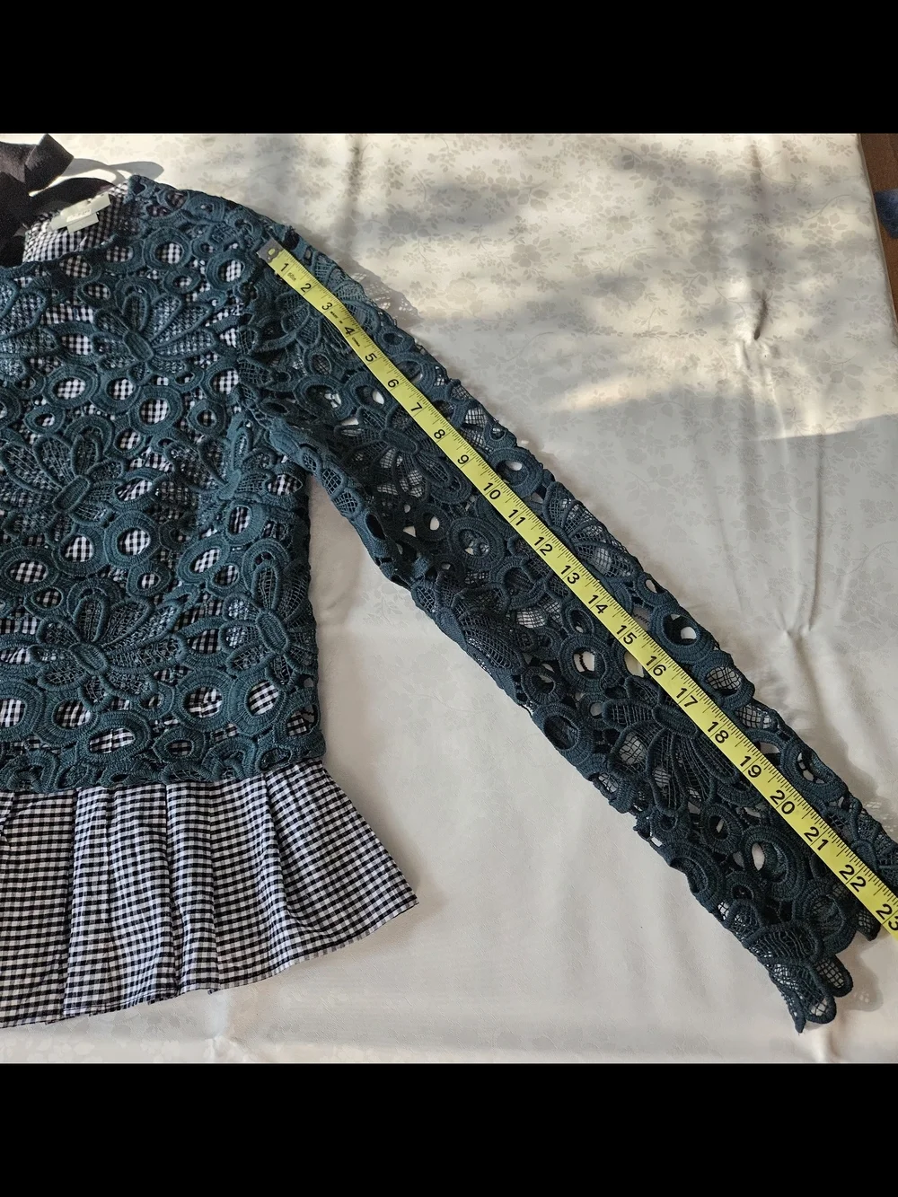 ​Maeve Anthropologie Dark Green Floral Guipure Lace & Gingham Peplum Blouse,Sz S